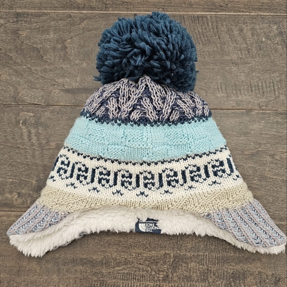 The  North Face Baby Fairisle Knit Beanie with Pom - Blue & Cream 6 to 24 Months - Picture 1 of 6